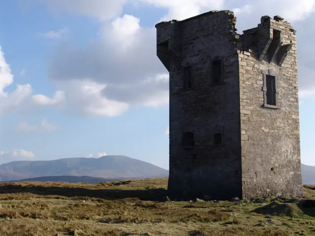 Stone towner partially ruined in remote location.