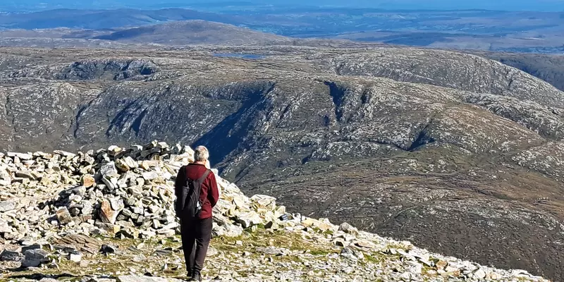 Walker on rocky mountain side.