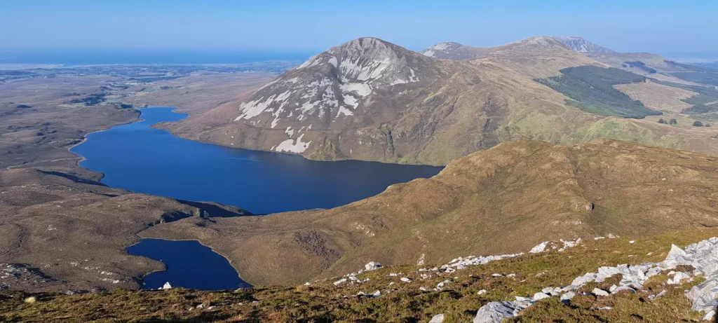 View of lake from a mountain top.
