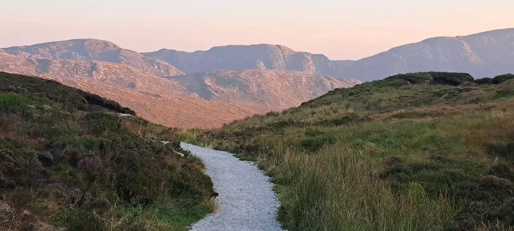Gravel trail leading towards mountains.